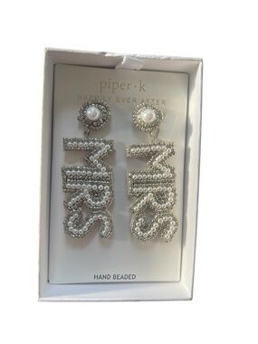 piper•k Silver Pearl 'Mrs' Hand-Beaded Drop Earrings